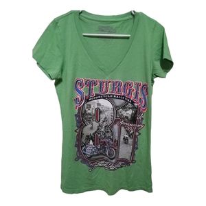 NWOT Harley Sturgis Motorcycle Rally Shirt V Neck Short Sleeve. Green. Large